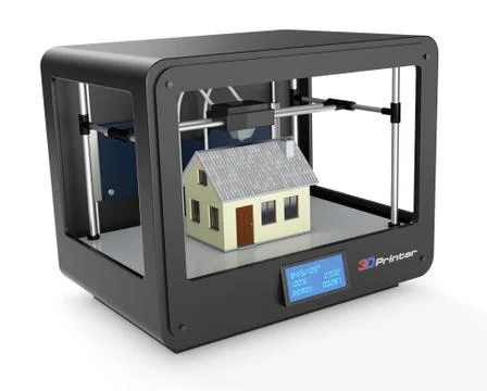 3d printer and house building, concept Ilustración de archivo