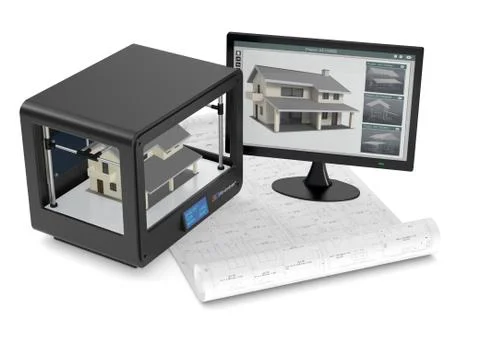3d printer and house building, concept Illustrazione stock