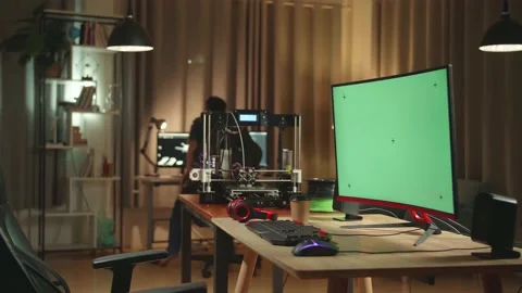 3D Printer And Personal Computer With Mock Up Green Screen Display In Home Stock Footage 158105178