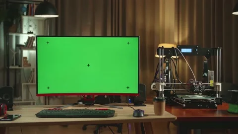 3D Printer And Personal Computer With Mock Up Green Screen Display In Home Stock Footage 158106853