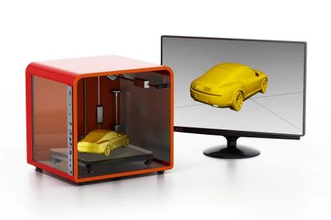 3D printer and screen isolated on white background. 3D illustration Stock Illustration