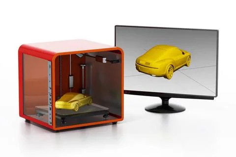 3D printer and screen isolated on white background. 3D illustration 3D pri... Foto stock