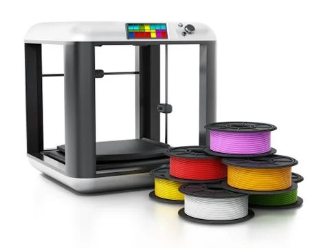3D printer and spare filaments. 3D illustration Illustrazione stock