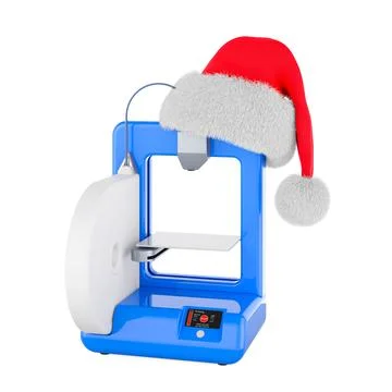 3D printer with Christmas Santa hat. 3D rendering Illustrazione stock