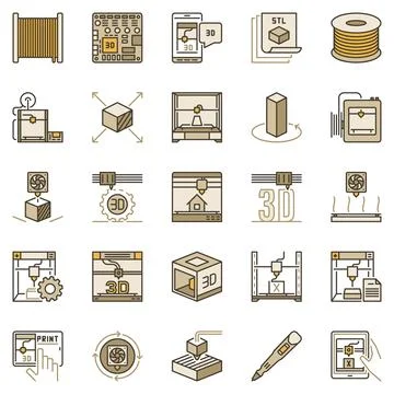 3D Printer colored icons set. Additive Manufacturing and Printing Technolog.. Stock Illustration