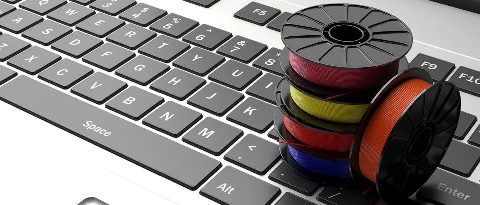 3D printer computer software. Reels of colorful plastic filaments for 3D prin Stock Illustration