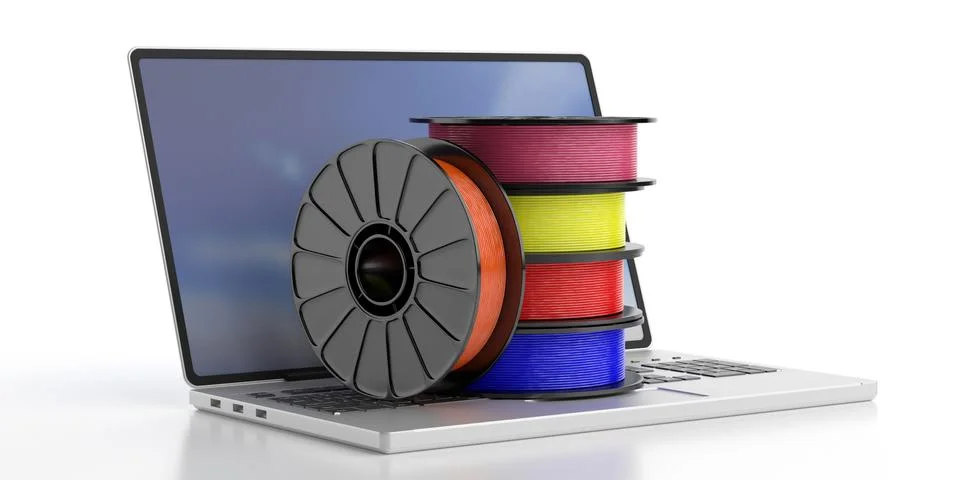 3D printer computer software. Reels of colorful plastic filaments for 3D prin Stock Illustration