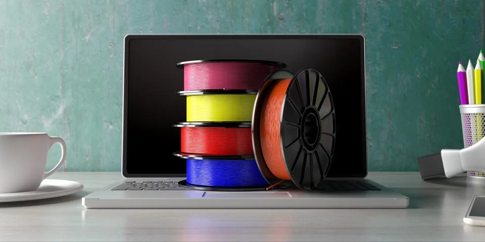 3D printer computer software. Reels of colorful plastic filaments for 3D prin Stock Illustration