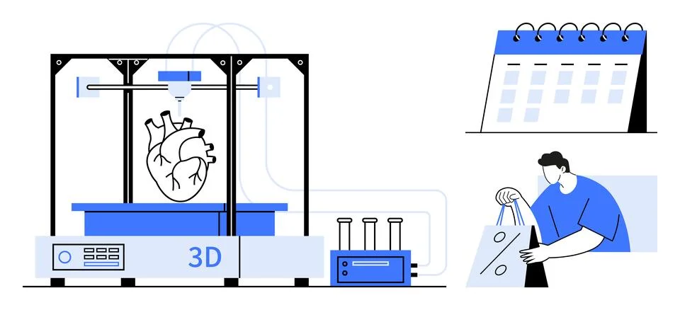 3D printer constructing human heart, calendar on wall, scientist examining pr Illustration