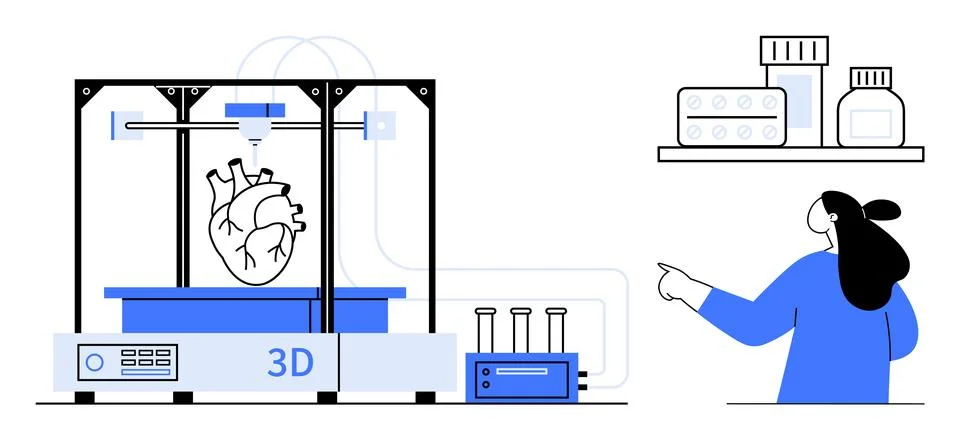 A 3D printer creating a heart model with a technician pointing at shelves wit Stock Illustration