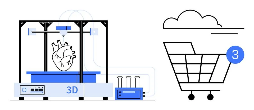 3D Printer Creating a Heart, with a Shopping Cart in the Digital Cloud Space Stock Illustration