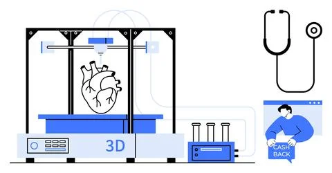 3D printer creating a human heart, stethoscope, lab equipment, and a person o Illustrazione stock