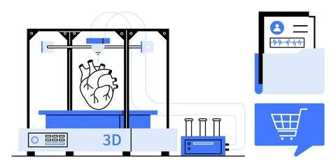 3D Printer Creating Human Heart in Lab with Medical Data and Shopping Cart Ic Stock Illustration