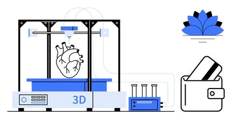 3D printer creating human heart alongside wallet with card and a lotus, exp.. Ilustração Stock