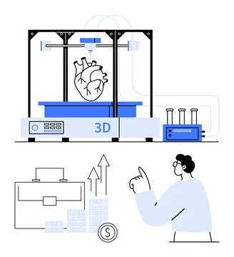 3D printer creating a human heart, scientist observing, and business growth e Stock Illustration