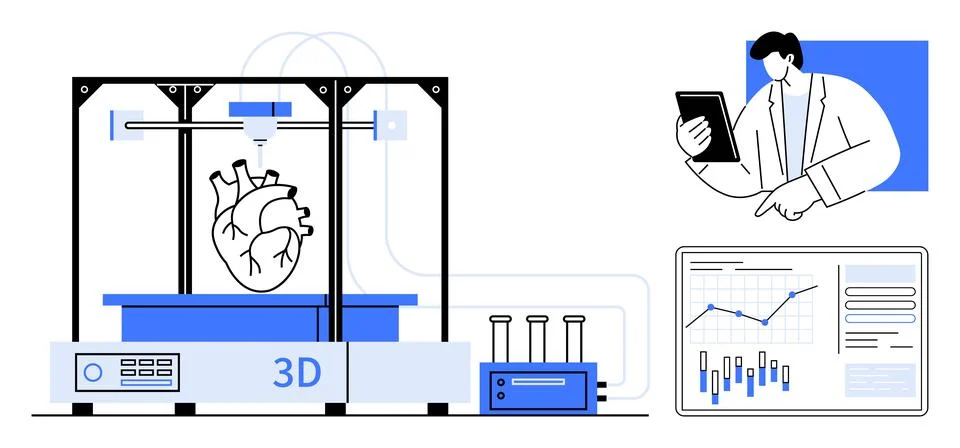 3D Printer Creating Human Heart with Scientist Analyzing Data on Tablet Illustrazione stock