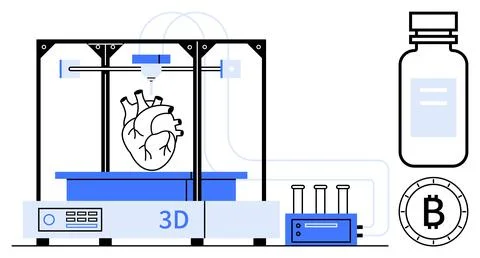 3D printer creating human heart, connected to a machine. Nearby are a medical Stock Illustration