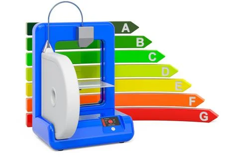 3D printer with energy efficiency chart, 3D rendering Stock Illustration