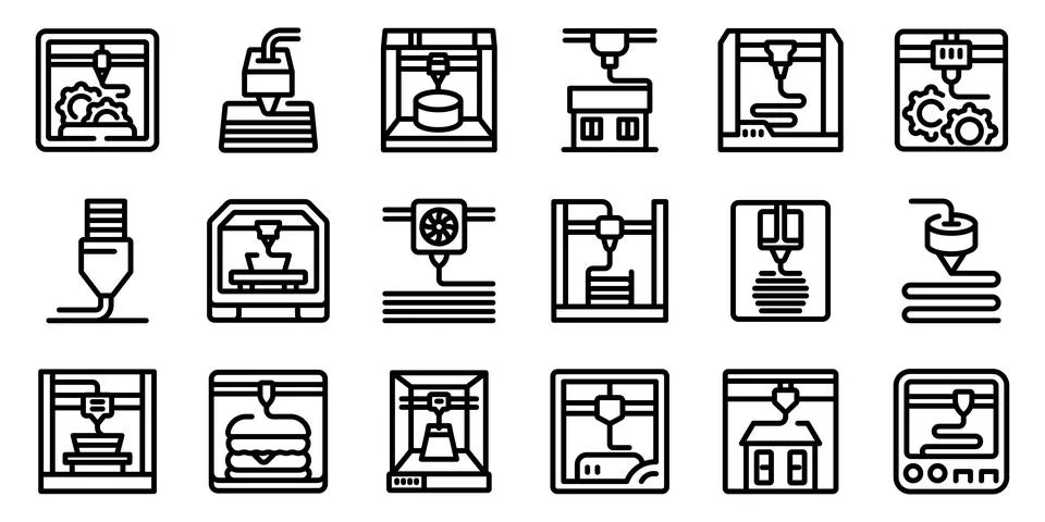 3d printer extruder icons set. Collection of line icons representing 3d print Stock Illustration