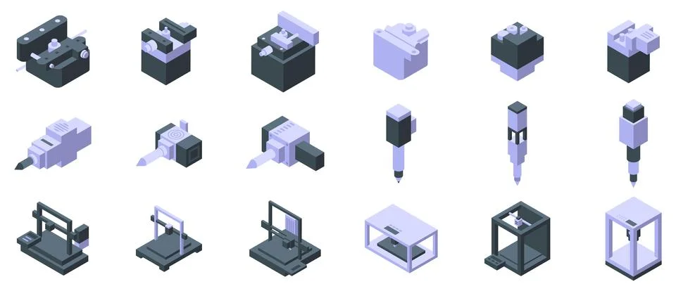 3d printer extruder icons set. 3d printers and cnc machines creating futuri.. Stock Illustration