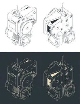 3d printer extruder isometric blueprints Stock Illustration