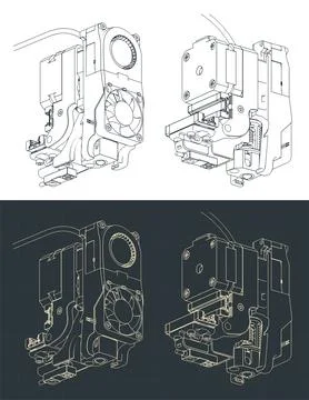 3d printer extruder isometric drawings Stock Illustration