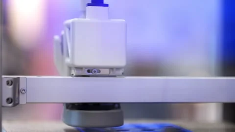 3D printer extruder precisely deposits material over flat blue surface Видео 344981873