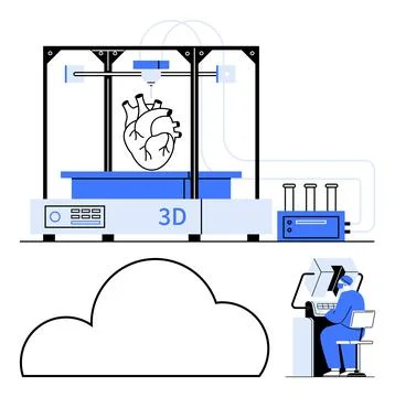 3D Printer Fabricating a Human Heart with a Technician Monitoring on Computer Stock Illustration