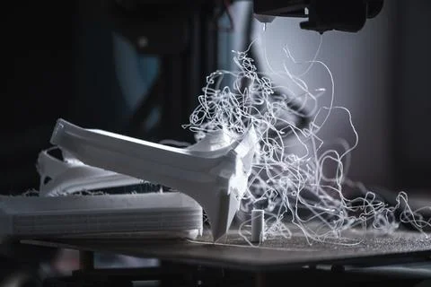 3d printer failing to complete a print, extruding a tangled mess of white pla Stock Photos