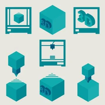 3d printer flat blue icons vector set Stock Illustration
