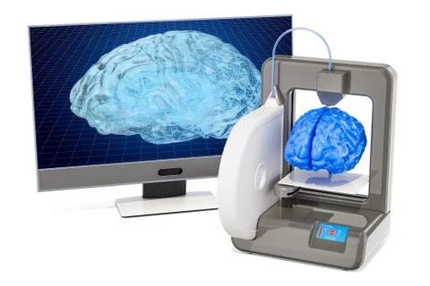 3d printer with human brain, 3D rendering Stock Illustration