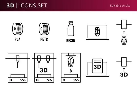 3d printer icons designed in line art style can be used for web and print, .. Illustrazione stock