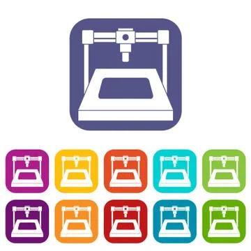 3D printer icons set flat Stock Illustration