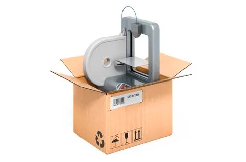 3D printer inside cardboard box, delivery concept. 3D rendering 스톡 일러스트