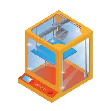 3D printer isometric illustration in orange on a white background Illustrazione stock