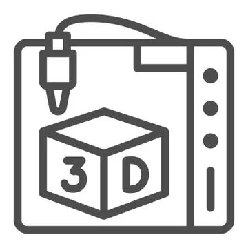 3D printer line icon, Robotization concept, Printing process with ready cube 스톡 일러스트