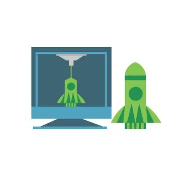 3D Printer making rocket model in cartoon flat style isolated on white Stock Illustration