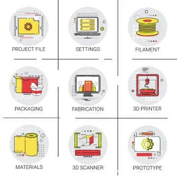 3d Printer Modern Technology Project File Industry Production Icon Set Stock-Illustration