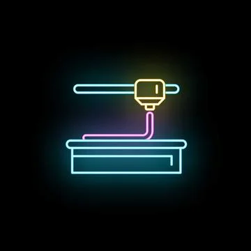 3d printer neon glowing icon on dark background Illustrazione stock