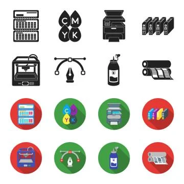 3D printer, newspaper printer, ink, pen. Typography set collection icons in Illustrazione stock