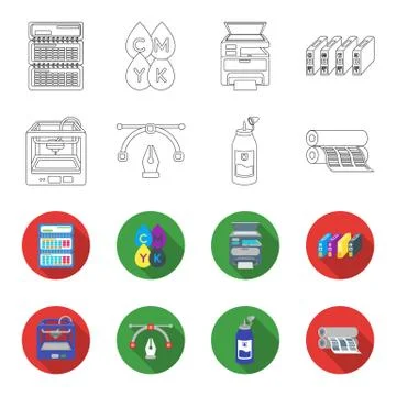 3D printer, newspaper printer, ink, pen. Typography set collection icons in Illustrazione stock