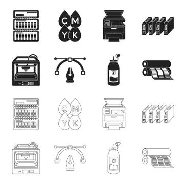 3D printer, newspaper printer, ink, pen. Typography set collection icons in 스톡 일러스트