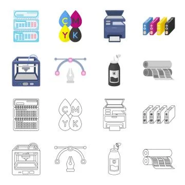 3D printer, newspaper printer, ink, pen. Typography set collection icons in Illustrazione stock