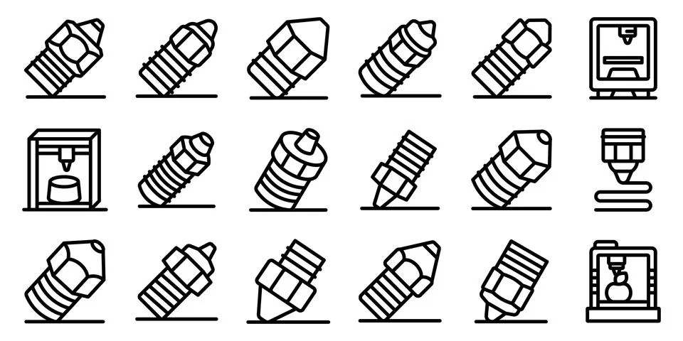 3d printer nozzle icons set. Various 3d printer extruder nozzles and 3d print Stockillustratie