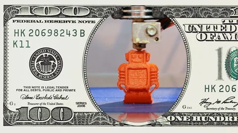 3D printer performs in frame of 100 dollar bill Stock Footage 96725241