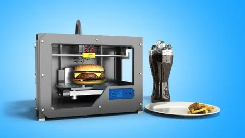 3D printer print burger 3d rendering on blue Stock Illustration