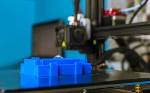 The 3D printer printed blue plastic model Stock Photos