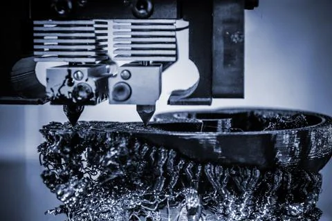 3D printer printing black shapes close-up Automatic three dimensional 3d printer Stock Photos