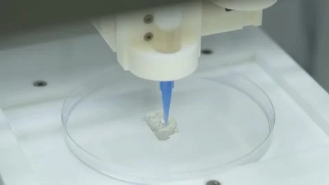 3D printer printing a ear prototype into a petri plate. 4k video. Stock Footage 155659680
