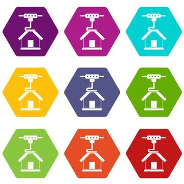 3d printer printing house icon set color hexahedron Stock Illustration